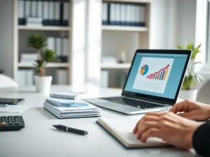 Nowoczesne biuro rachunkowe: laptop z wykresami, dokumenty i kalkulator pod ręką księgowej analizującej finanse firmy.